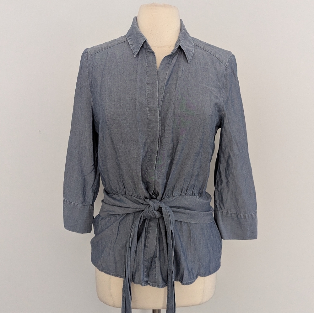 Women's L'Agence Colette Blouse Top Medium Tie Waist Denim Blue - Picture 2 of 10